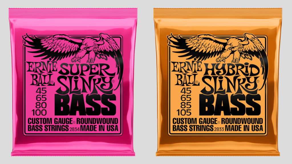 Ernie Ball 2 mute di corde per basso a scelta Super Slinky 45-100 / Hybrid Slinky 45-105 Nickel Wound Made in Usa