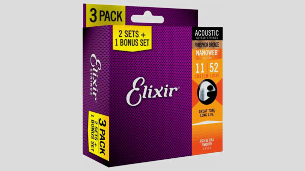 Elixir Nanoweb Phosphor Bronze 16544 3 mute di corde per chitarra acustica 11-52 Made in Usa 11-15-22-32-42-52